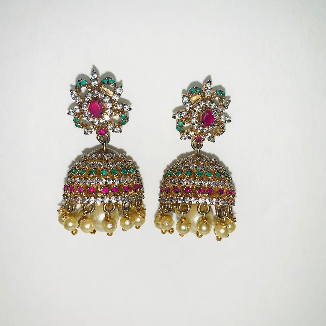 Bell Earrings with Red, Green, and Silver Stones