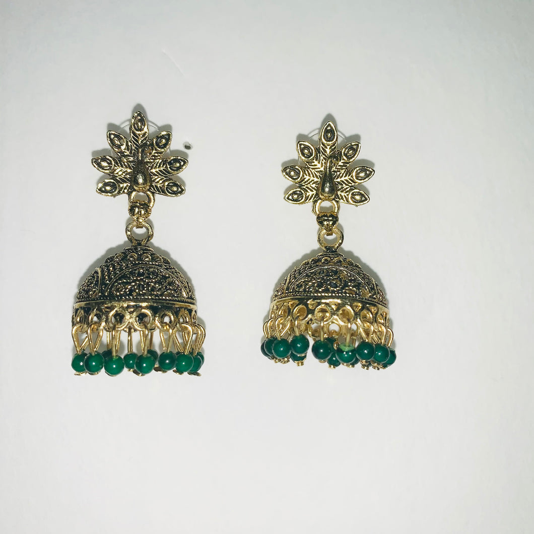 Metal Gold Bell Earrings with a Peacock Design