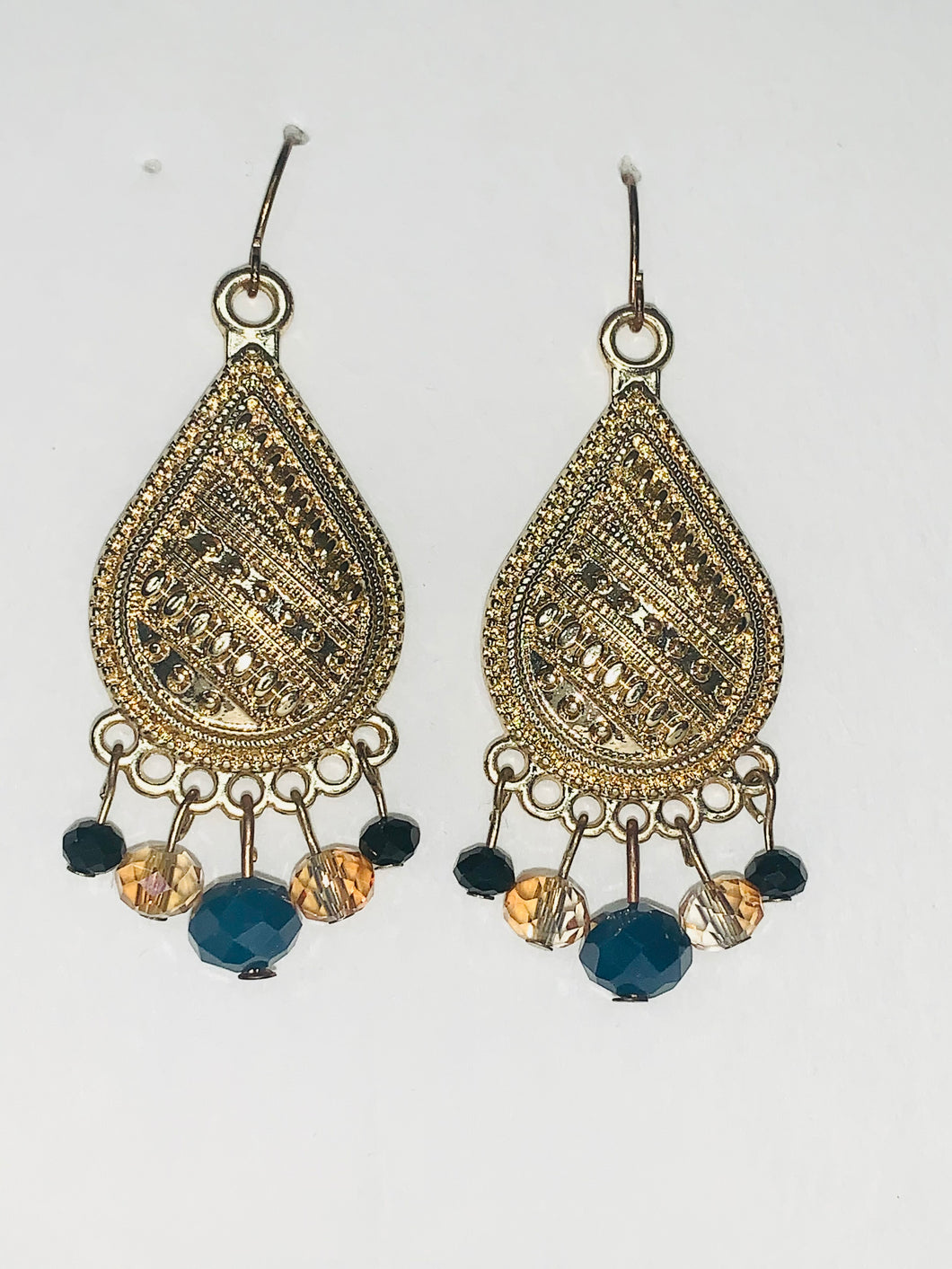 Teardrop Shaped Gold Earrings with Multicolored Hanging Beads