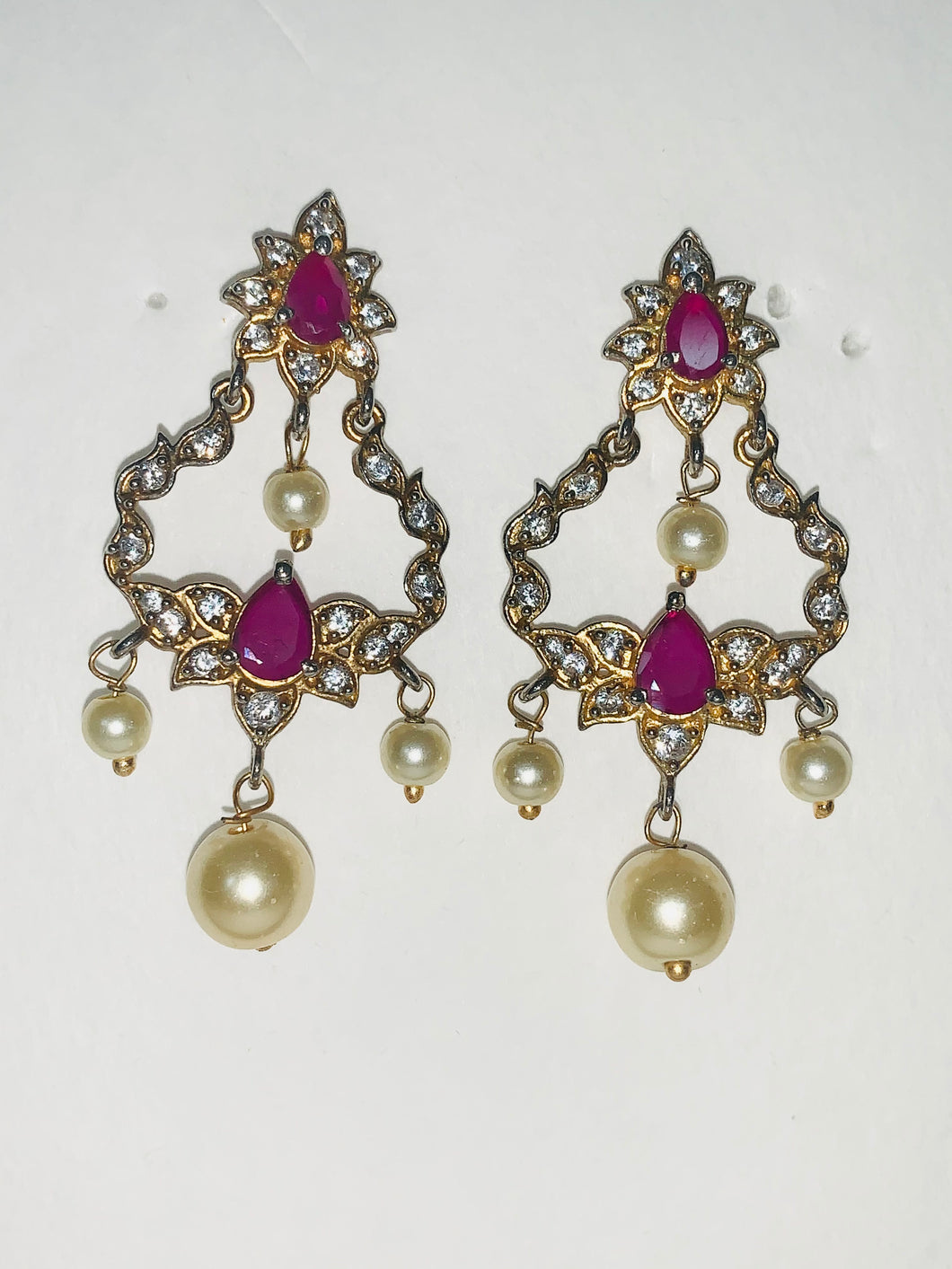 Teardrop Shaped Indian Earrings with Silver Plating and Pearls