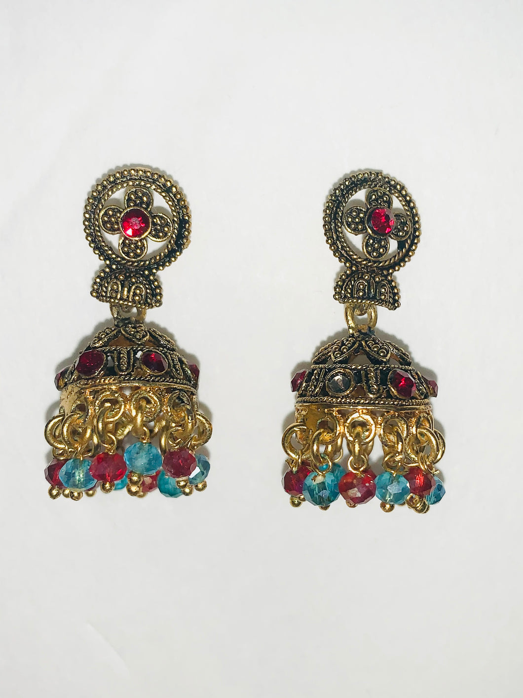 Gold Bell Earrings with Red and Blue Hangings