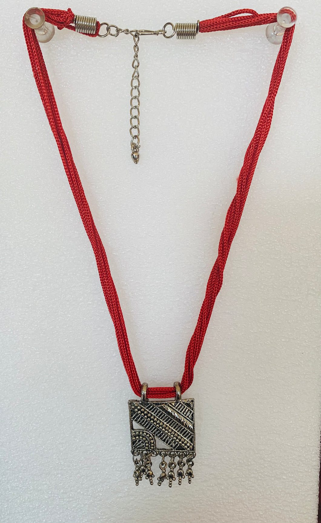 Gypsy Style Metal Necklace with Red Ties Necklace